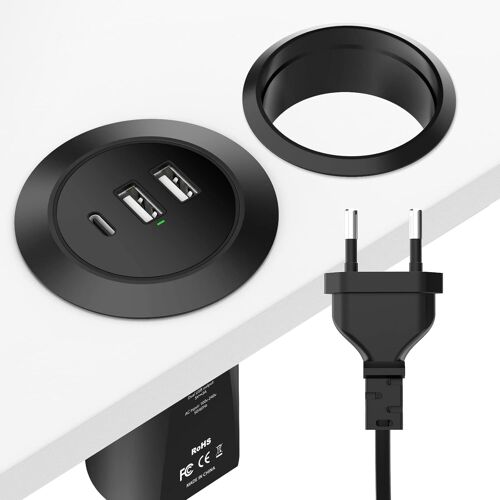 3 Port Desktop Usb Charger, 45w Desktop Power Eyelet, 3 Usb (1 Usb C, 2 Usb A) Round Desktop Flush Mount Power Strip With 6.4 Feet Extension Cord Flat Plug, Black