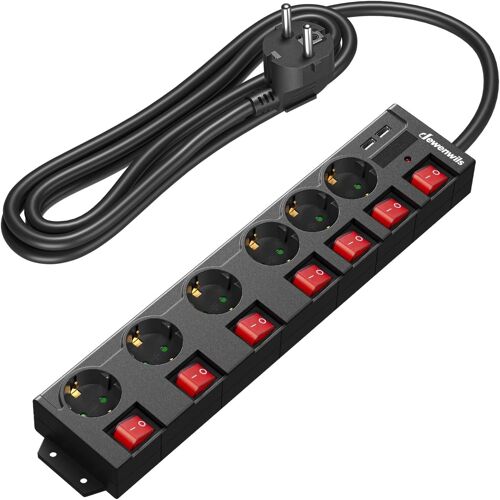 Power Strip With 6 Sockets & 2 Usb & 7 Individual Switches, 3680W Max, Wall Mounting, Child Safety, Surge Arrester And Surge Extension Cord With 3M Cable, Black