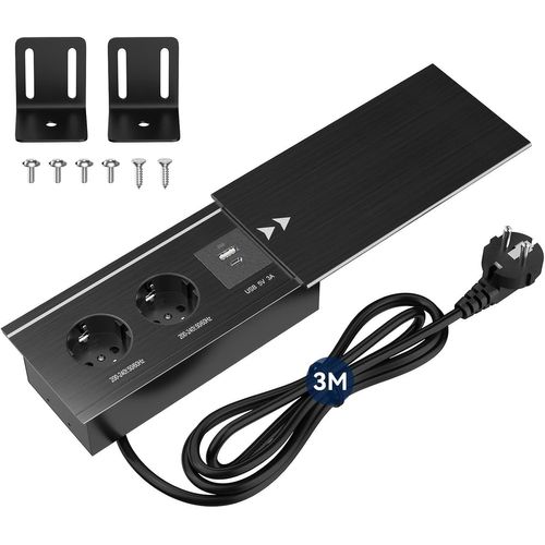 Cmjaagur-Multipr Electrique 3m Câble, Pr Encastrable Plan De Travail Cuisine Usb C Pd20w, Aluminium, Bloc Pr Encastrable 2 Pr S Et Type A, 2200w/10a, Noir[M951]