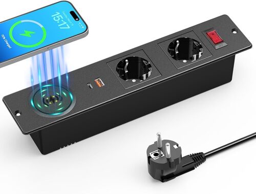 Multiprise Encastrable USB C 20W, Prise de Table 2 Prises avec Chargeur et Interrupteur sans Fil 15W, Prise de Table pour Bureau avec USB C, Câble 2M, Noir