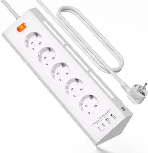 Power Strip with 5 Power Outlets and 4 USB Ports (2 USB A+2 USB C), Surge Protection Power Strip and Switches, 2 m Cable, 3680 W/16 A, White