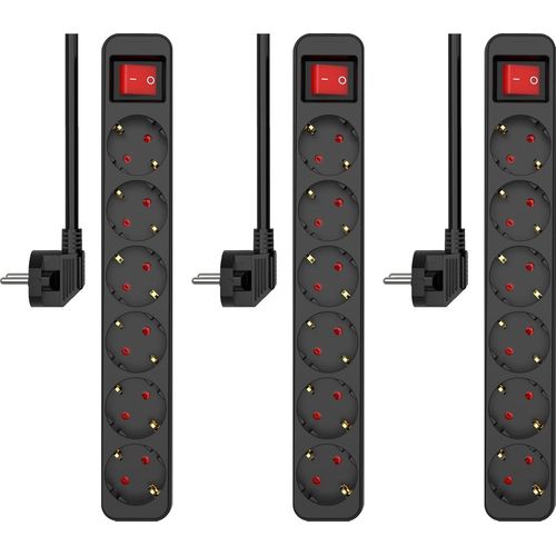 Loc-Es106 Lot De 3 Multiprises,À 6 Prises,Avec Interrupteur Et Câble De 1,5 M,Sécurité Enfant,Fiche Schuko,Max. 3680 W,Certifié Tüv,Noir