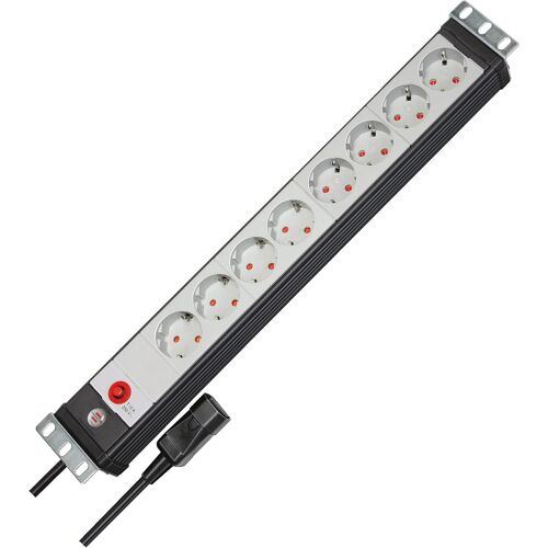 Premium-Line Bloc Multiprise, À 8 Prises, Pour Armoires Électriques, Avec Fiche Pour Appareil À Froid, 3 M De Câble H05Vv-F 3G1,0, Fabriqué En Allemagne, Noir/Gris Clair