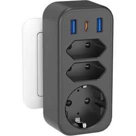Multiprise de Voyage avec PD20W USB C Charge Rapide 5 en 1 multiprise avec 3 USB multiprise de Distribution avec 1,4m de câble d'extension enroulé 2500 Watt, Blanc