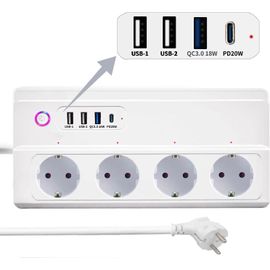 Zigbee Smart Power Strip Parasurtenseur Type C 16A Zigbee 3.0 Multiprise Intelligente avec 4 Sorties AC indépendantes et 4 Ports USB, Multiprise Connectée Compatible with Alexa Google Home