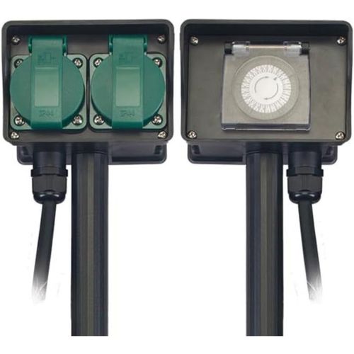 ChenQuanSarl-Multipr De Jardin Avec Piquet, Minuterie, 2 Pr s Avec Terre França (Type E), 2 Clapets, 1.5 M, 3G1.5, Ip44, Noir/Vert