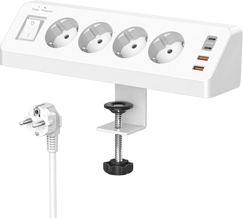 Tabletop Socket With Usb C (Pd 20W), 8 In 1 Power Strip Desk With Switch, 4 Outlet Multi Socket, 4 Usb, Surge Protection With 2M Cable For Home And Office (White)