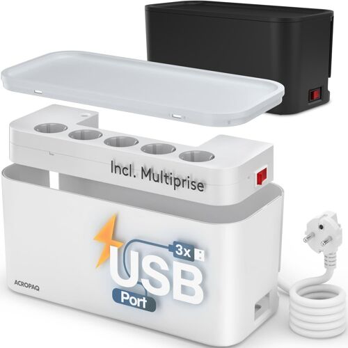 8-In-1 Cable Storage Box With Power Strip ¿ 5 Sockets, 3 Usb A, 2 M Cable ¿ The White Box ¿ 30 X 14 X 14 Cm