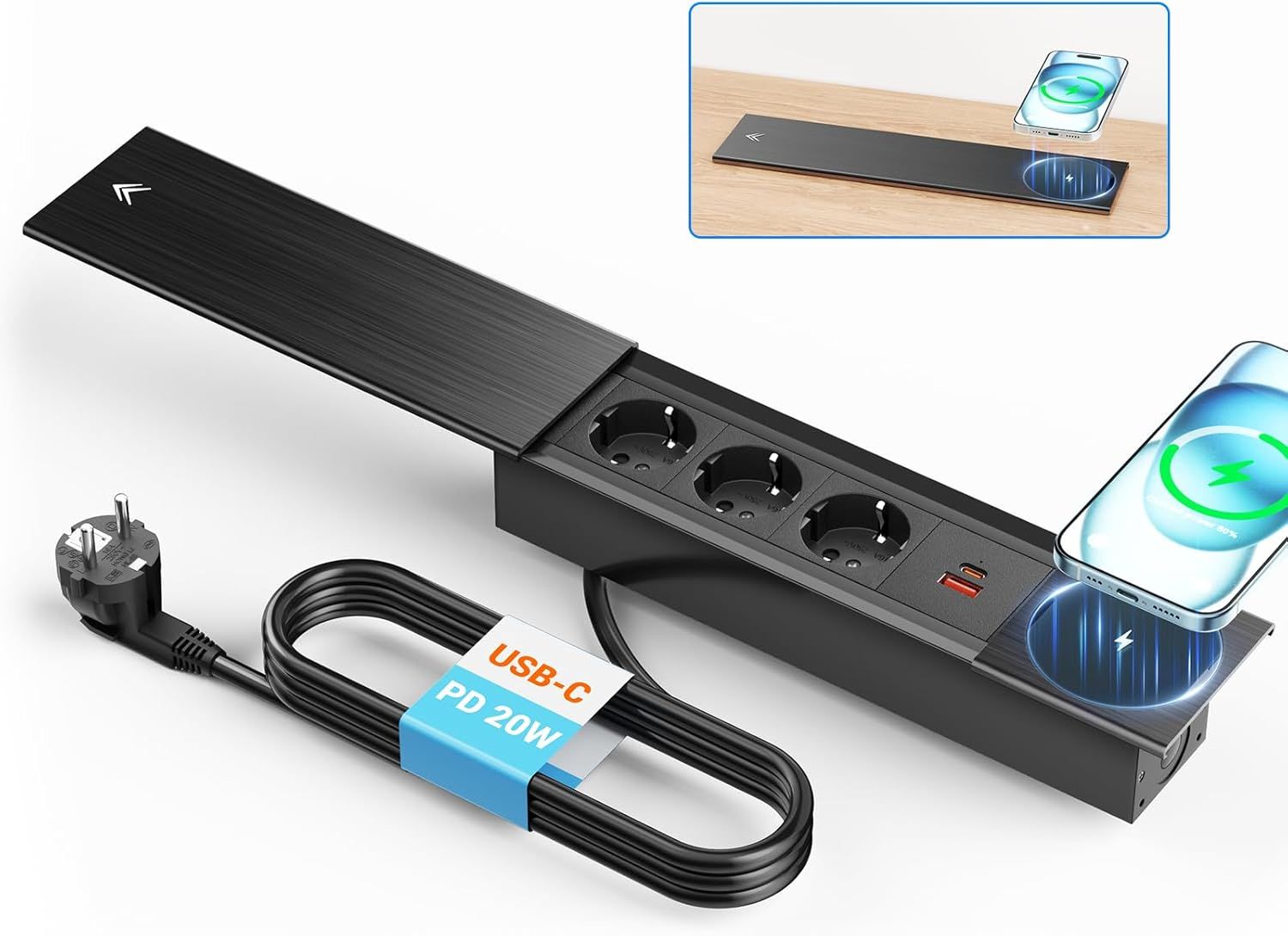 Prise Encastrable Plan De Travail, Ohuo Multiprise Encastrable USB C PD 20W, 2 Prise Encastrable De Table Avec Ports USB C Et USB A, Cable 2m