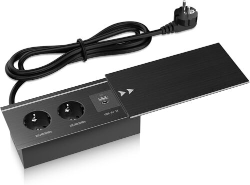 Multiprise en Aluminium 2 Prises avec USB C, Prise Escamotable 2 Prises avec 2 USB, Boîtier en Aluminium, Câble de 3M