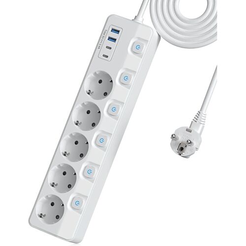 Multiprise avec Interrupteurs individuels, Multiprises avec 5 prises et 4 ports USB de Charge Rapide, Multiprise Electrique avec Cable 2M Maison Bureau,Protection Contre Les surtensions Montage mural