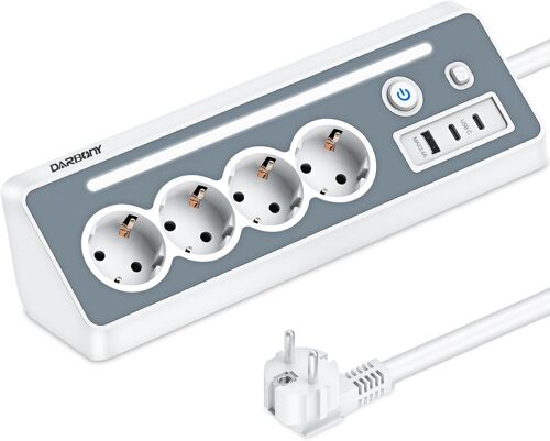 Multiprise avec USB et 2 Types C - Multiprise d'angle à 4 Prises avec Lumière LED- Protection Contre Les Surtensions - 3680W/16 A Multiprises avec Interrupteur -Prise Plan De Travail Cuisine, Bureau