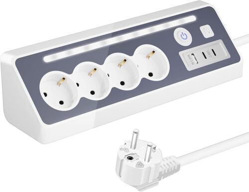 Multiprise 4 prises avec USB et 2 ports de type C - Prise d'angle avec interrupteur pour plan de travail de cuisine - Blanc