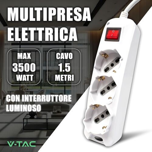 Bloc multiprise électrique avec Interrupteur et câble de 1,5 m - 3 Prises 10/16 A bipasso + Shuko - Prise 16 A - Prise électrique pour Maison, Bureau, Magasin - Couleur Blanche