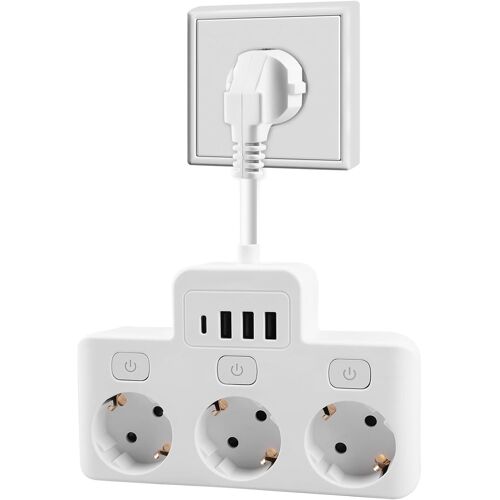 Rallonge multiprise à 3 prises - 4000 W - 16 A - USB - Multiprise avec 3 ports USB - Pour le bureau, la maison et les voyages