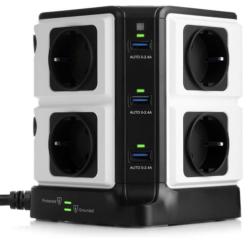 Tour Multiprise Parasurtenseur Parafoudre avec 8 Prises EU et 6 Ports USB 2,4A,Interrupteur,Adaptateur Douille,Clapet Sécuritaire,1600J Protection Surtensions,Clapet Sécurisé,3600W/16A