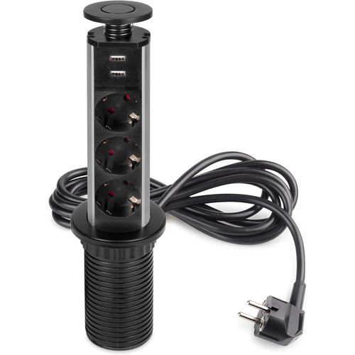 Chenquansarl-Bloc Multipr Escamotable Avec 3 Pr S Scheuo Eu Et 2 Ports Usb, Tour Multipr Encastrable Pour Plan De Travail De Cuisine Ou Table De Bureau, Peint En Noir, Plastique Et Aluminium