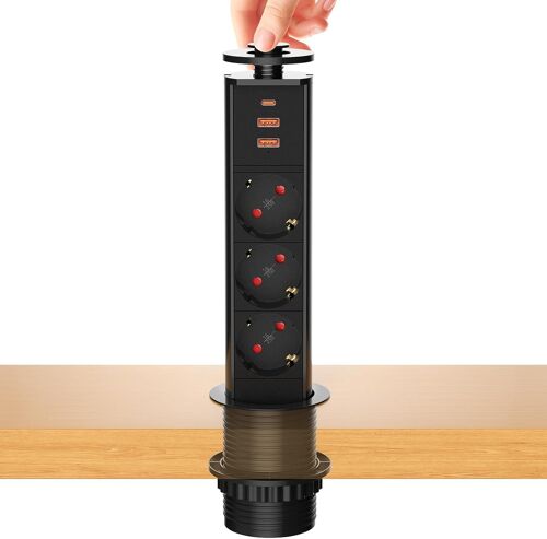 JEXNOVASHOP-Multiprise Encastrable Bloc Prise Escamotable, Electrique 3 Prises avec USB C et 2 USB, Prise Plan de Travail Table, 4000W/16A, Ø 60mm Câble 1,8m - pour Cuisine Bureau Noir