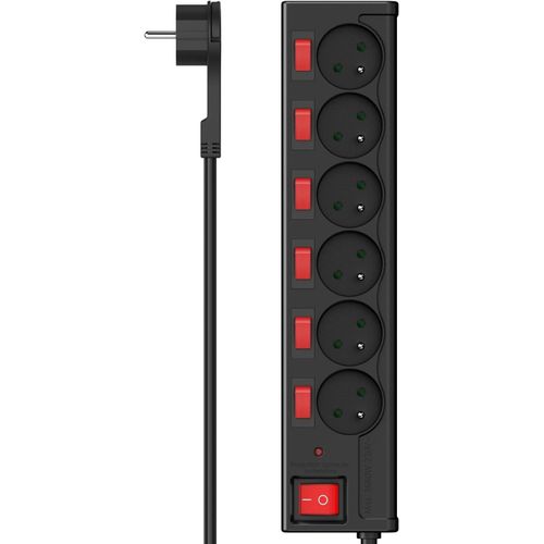 Loc-Multiprise Avec Interrupteur 1.4M(6 Prises Typee,Norme Nf,Interrupteurs Général + Indiv. Éclairés,Protection Surtensions,Montage Mural,Sécurité Enfants,3680W/16A)Noir