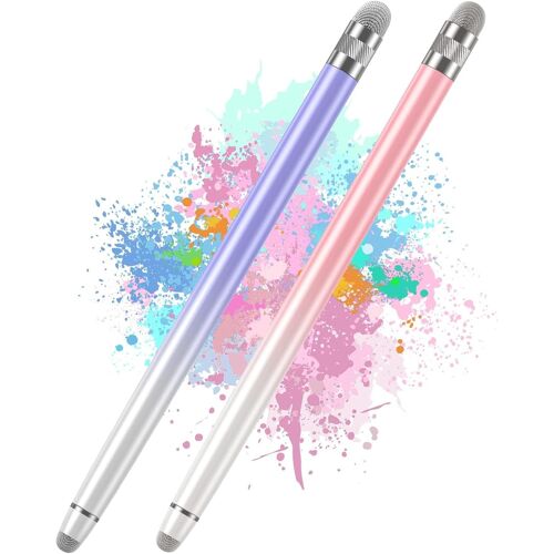 Lot de 2 stylets pour écrans tactiles pour iPhone/iPad/tablette Android/Microsoft Surface, compatibles avec tous les écrans tactiles (blanc/rose/blanc/violet)