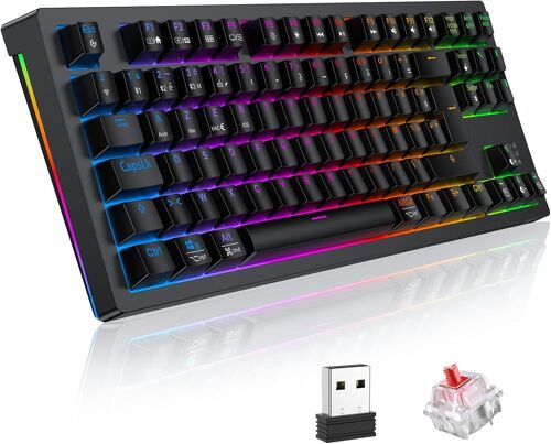Clavier Gamer Mécanique Sans Fil 80% Tkl Azerty, Clavier Gaming Bluetooth/2.4ghz/Usb-C Programmable Avec Interrupteur Rouge, Clavier Mecanique De Jeu Rgb Pour Pc/Ps5/Win/Mac/Android/Ios, Noir