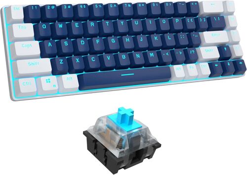 Clavier Mécanique De Jeu 60 % \U2013 Clavier De Bureau Filaire Minimaliste Mk-Box Rétroéclairé Bleu Compact 68 Touches Avec Interrupteur Bleu Pour Windows, Xbox (Interrupteur Bleu, Blanc Et Bleu)
