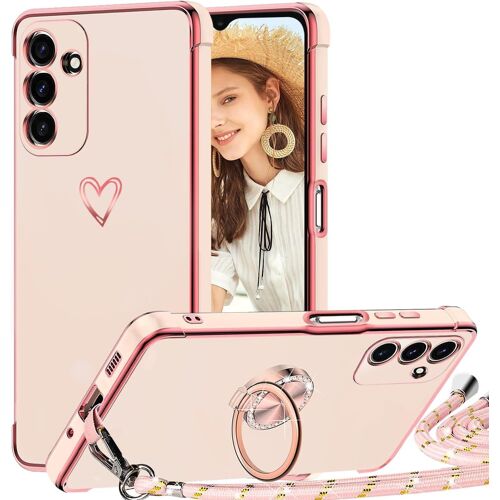Coque pour Samsung Galaxy A26 5G avec Cordon et 360 Degrés Anneau Support, Étui Housse Antichoc Souple Silicone TPU Bumper Portable Protection Case avec Amovible Collier, Rose