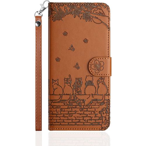 Kal-Coque Pour Iphone 6s Plus Rabat,Housse Pochette Iphone 6 Plus Clapet,Portefeuille Etui Avec Porte-Carte Et Dragonne,Chats/Fleur Pu Cuir/Antichoc Flip Folio Case.Marron