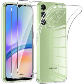 CAUC-Coque pour Samsung Galaxy A05S 4G avec 2 Pièces Protection Écran en Verre Trempé,Ultra Transparente Silicone en Gel TPU Souple pour Samsung A05s Couqe,Antichoc Anti-Jaune Etui Bumper