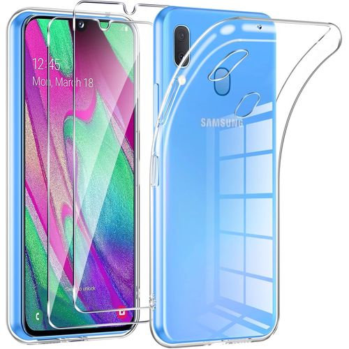 Coque Pour Samsung Galaxy A40 Avec 2 Pièces Protection Écran En Verre Trempé,Ultra Transparente Silicone En Gel Tpu Souple Pour Samsung A40 Couqe,Antichoc Anti-Jaune Etui Bumper