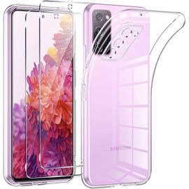 CAUC-Coque pour Samsung Galaxy S20 FE 4G/5G avec 2 Pièces Protection Écran en Verre Trempé,Ultra Transparente Silicone en Gel TPU Souple pour Samsung S20 FE Couqe,Antichoc Anti-Jaune Etui Bumper