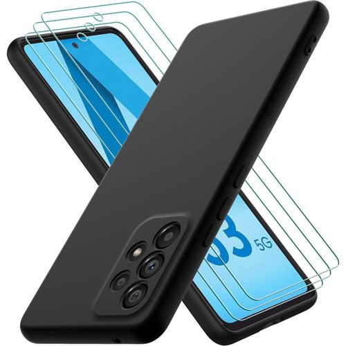 CAUC-Coque pour Samsung Galaxy A53 5G, avec 3 Verre trempé Protection écran, Couche Intérieure Douce, Mince Souple Silicone Étui Protection Antichoc Bumper Housse TPU Téléphone Case Cover, Noir