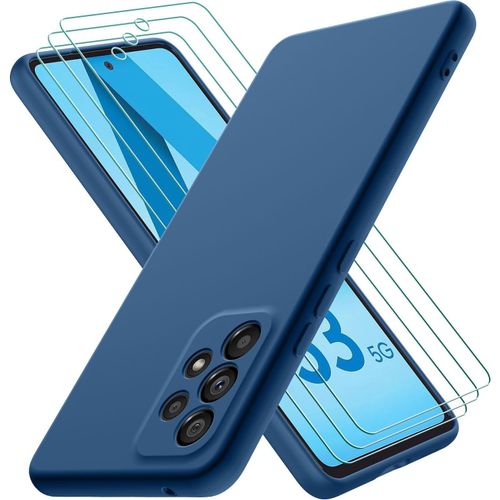 CAUC-Coque pour Samsung Galaxy A53 5G, avec 3 Verre trempé Protection écran, Couche Intérieure Douce, Mince Souple Silicone Étui Protection Antichoc Bumper Housse TPU Téléphone Case Cover, Bleu