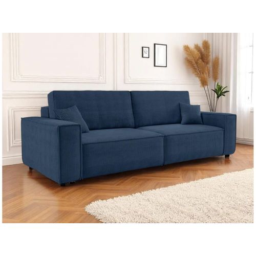 Canapé Droit 3 Places Convertible En Velours Côtelé - Bleu Foncé