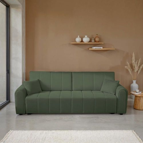 Canapé Droit Convertible En Tissu Bouclette 3 Places Vert Kaki