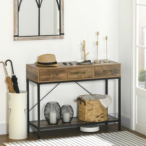 Console Style Industriel 3 Tiroirs Étagère Acier Noir Bois Vieilli