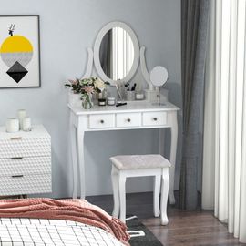 Coiffeuse Et Tabouret Style Baroque 5 Tiroirs Miroir Pivotant Blanc