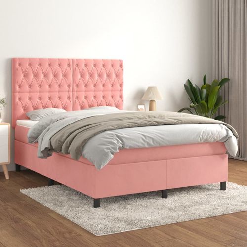 Prolenta Premium - Lit à sommier tapissier avec matelas Rose 140x190 cm Velours