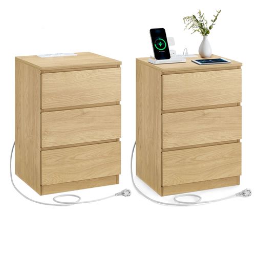 Table De Chevet Avec Multiprise, Lot De 2, Table D'appoint Avec 3 Tiroirs, 2 Prises Ca, 2 Ports Usb, Pour Salon