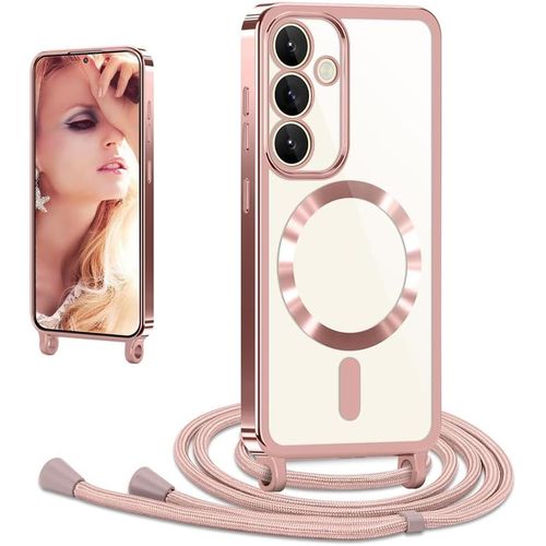 Coque Samsung Galaxy A54 5g - Étui Tpu Transparent À Bords Galvanisés Brillants, Compatible Magsafe & Charge Sans Fil, Lanière/Cordon Réglable Et Amovible, Or Rose