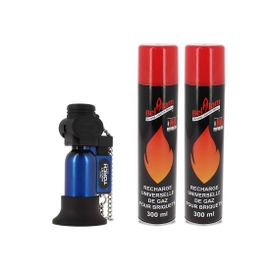 Pack Briquet Prince Pocket Torche Bleu + 2 Bouteilles Gaz Belflam 300 Ml