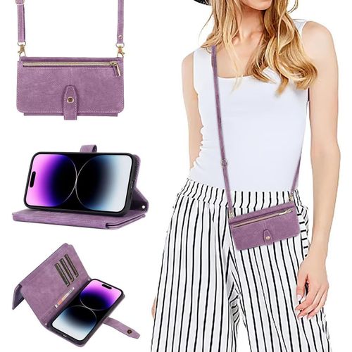 KAL-Coque Pour Iphone 17 Avec Cordon,Etui Iphone 17,Flip Portefeuille Étui En Cuir,[9 Porte Cartes],Réglable Collier Housse Etui Rabat Case Pour Iphone 17- Violet
