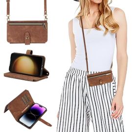 Kal-Coque Pour Samsung Galaxy Z Fold5 Avec Cordon,Etui Samsung Z Fold5,Flip Portefeuille Étui En Cuir,[9 Porte Cartes],Réglable Collier Housse Etui Rabat Case Pour Galaxy Z Fold5 - Brun