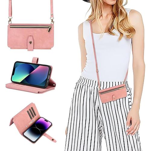 Kal-Coque Pour Iphone 16e Avec Cordon,Etui Iphone 16e,Flip Portefeuille Étui En Cuir,[9 Porte Cartes],Réglable Collier Housse Etui Rabat Case Pour Iphone 16e- Rose