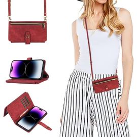 Kal-Coque Pour Samsung Galaxy Z Fold5 Avec Cordon,Etui Samsung Z Fold5,Flip Portefeuille Étui En Cuir,[9 Porte Cartes],Réglable Collier Housse Etui Rabat Case Pour Galaxy Z Fold5 - Rouge