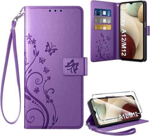 TRAHOO-Coque pour Samsung Galaxy A12/M12 + 1 Verre Trempé, Retro Design Housse Premium en Cuir PU Pochette de Portefeuille pour Porte Cartes Fonction Stand Flip Etui pour Samsung A12, Violet