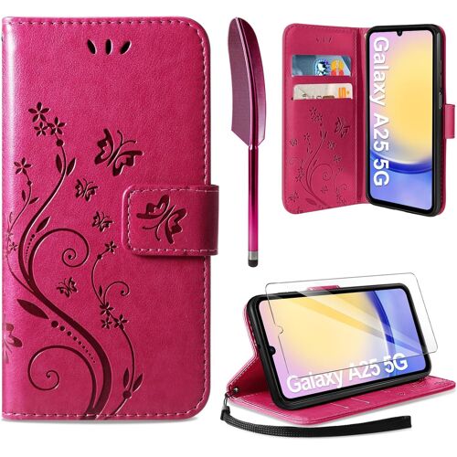 Coque Compatible avec Samsung Galaxy A25 5G, Retro Design PU Etui Housse en Cuir Portefeuille de Protection Fonction Stand Video Porte Carte Credit Ticket Flip Case Rose Rouge