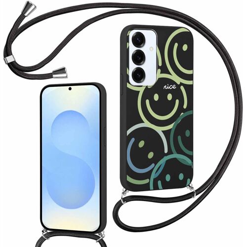 SJZG-Coque Cordon Pour Samsung Galaxy S25 5G 6,2"", Mignon Motif Souriant Fleur Filles Étui Laniere Collier Réglable Corde Case, Mince Silicone Tpu Bumper Antichoc Housse Cover Pour Samsung S25, Noir