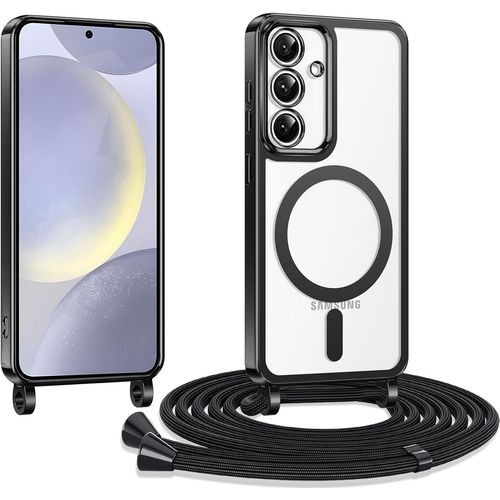 Coque Transparente Magnétique Pour Samsung Galaxy S25 Plus 5g - Tpu Souple Anti-Choc, Compatible Magsafe, Avec Cordon/Lanière Réglable Amovible, Noir