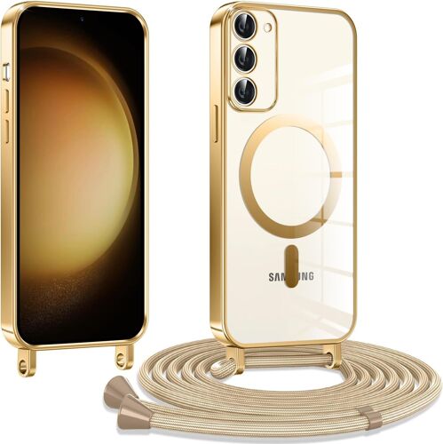 JGD-Coque pour Samsung Galaxy S23+ / S23 Plus 5G avec Cordon, Etui à Transparente Housse Compatible avec MagSafe, Doux TPU Protection Coque pour avec Bandoulière Lanière Réglable Collier, Or